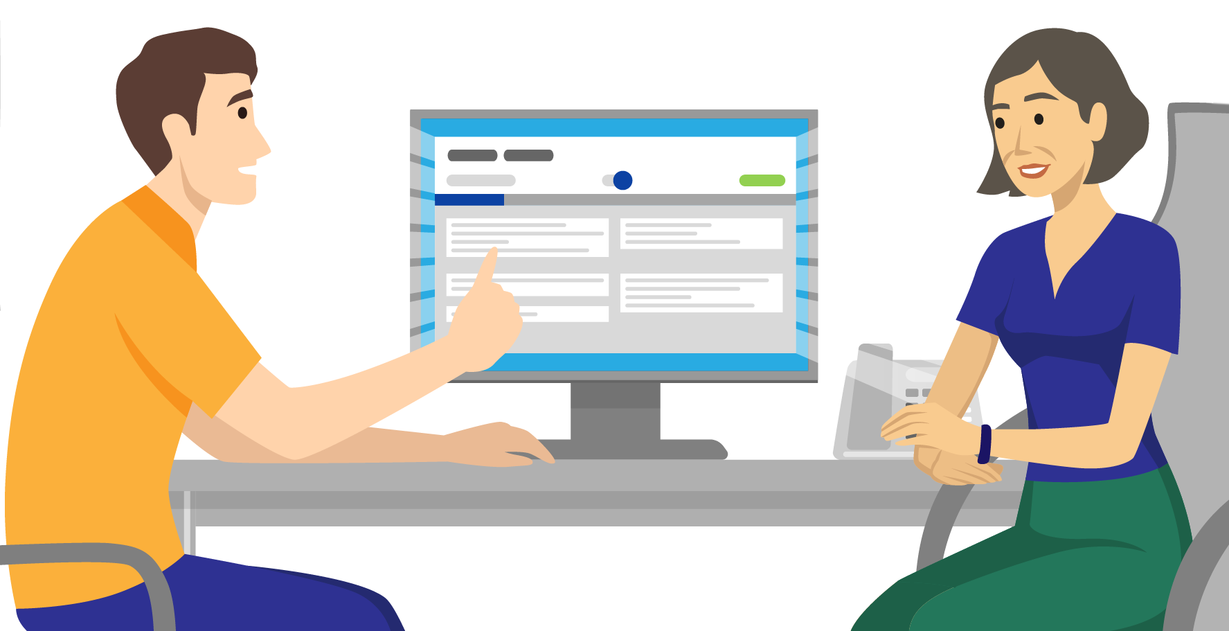 Illustration of two people sitting in front of a computer using the Easy 1-on-1s app